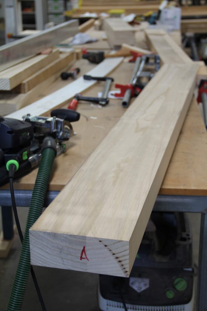 Large Accoya glulam beam in the making. | Curvwood