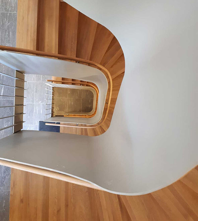 Timber handrail, spiral staircase, timber balustrade, curved timber handrail, continuous timber handrail